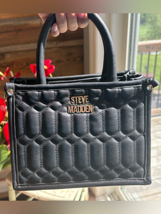 Steve Madden Handbags - Steve Madden Black Quilted Top-Handle Satchel with Gold Logo
